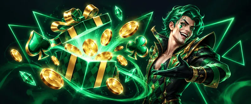 Joker en costume vert et noir présentant un cadeau et des pièces dorées