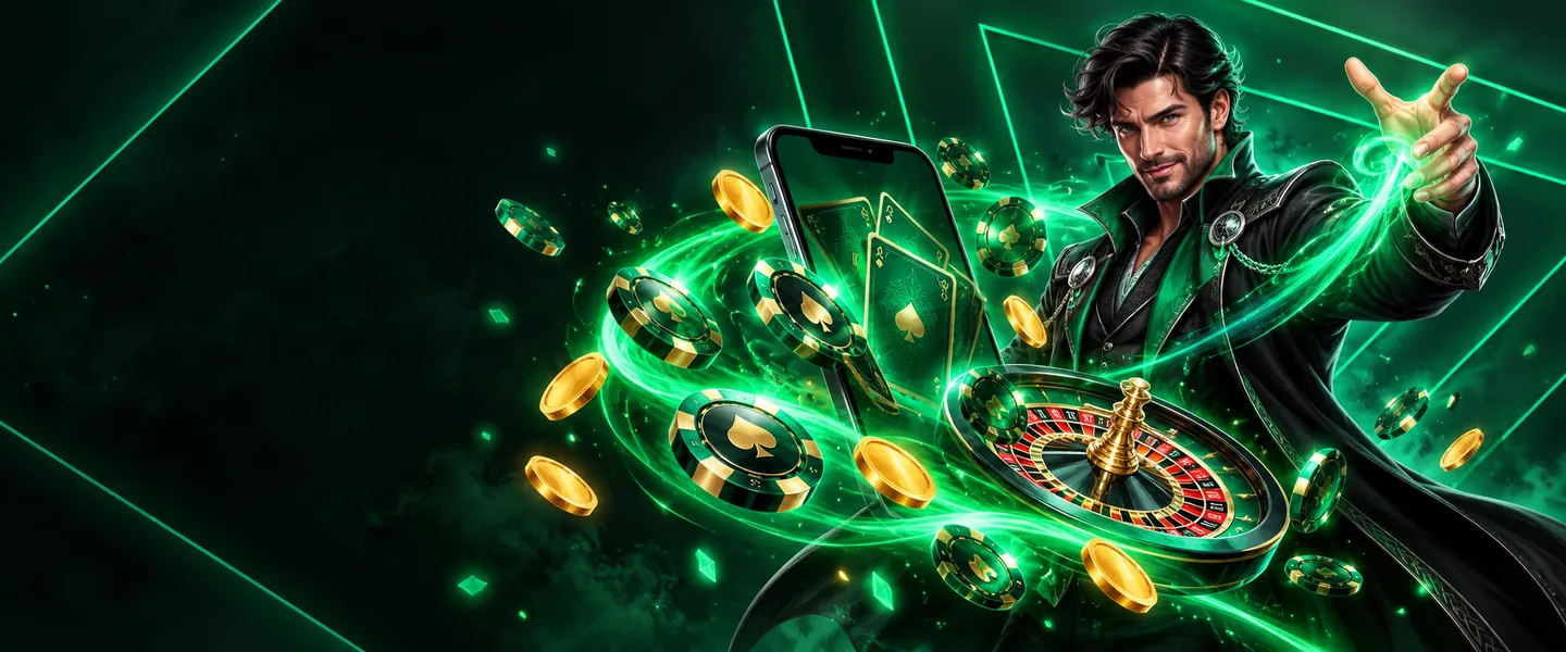 Illusionniste entouré de néons verts, de jetons et d’une roulette