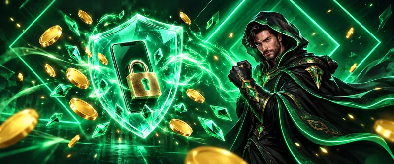 Gardien à la cape noire protégeant un téléphone avec un bouclier vert