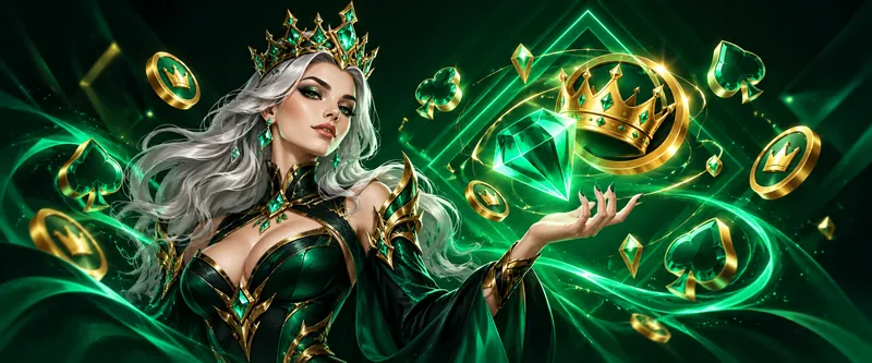 Reine aux cheveux argentés, couronne et émeraude dans un halo vert